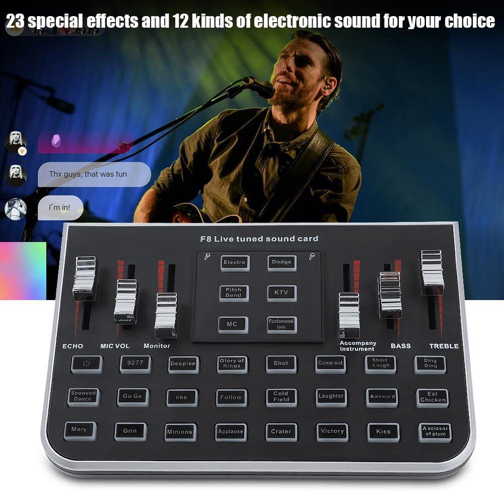 F8 Sound card (Category: Soundbars, Speakers & Amplifiers) located in Manila. Submitted by sdfsolutions (Listing ID 1011401964, Image 1). Description: Specification: Type: Sound Card for Live Broadcast Model: F8 Built-in battery capacity: 1300mA Power: 0.5mW Charging power supply: DC5V/1A Weight: Approx. 581g Package list: 1 * Charging Cable 1 * Recording Cable 1 * Accompaniment Cable 1 * Sound Card 1 * Instruction Manual Tags: Sound card F8 Cond