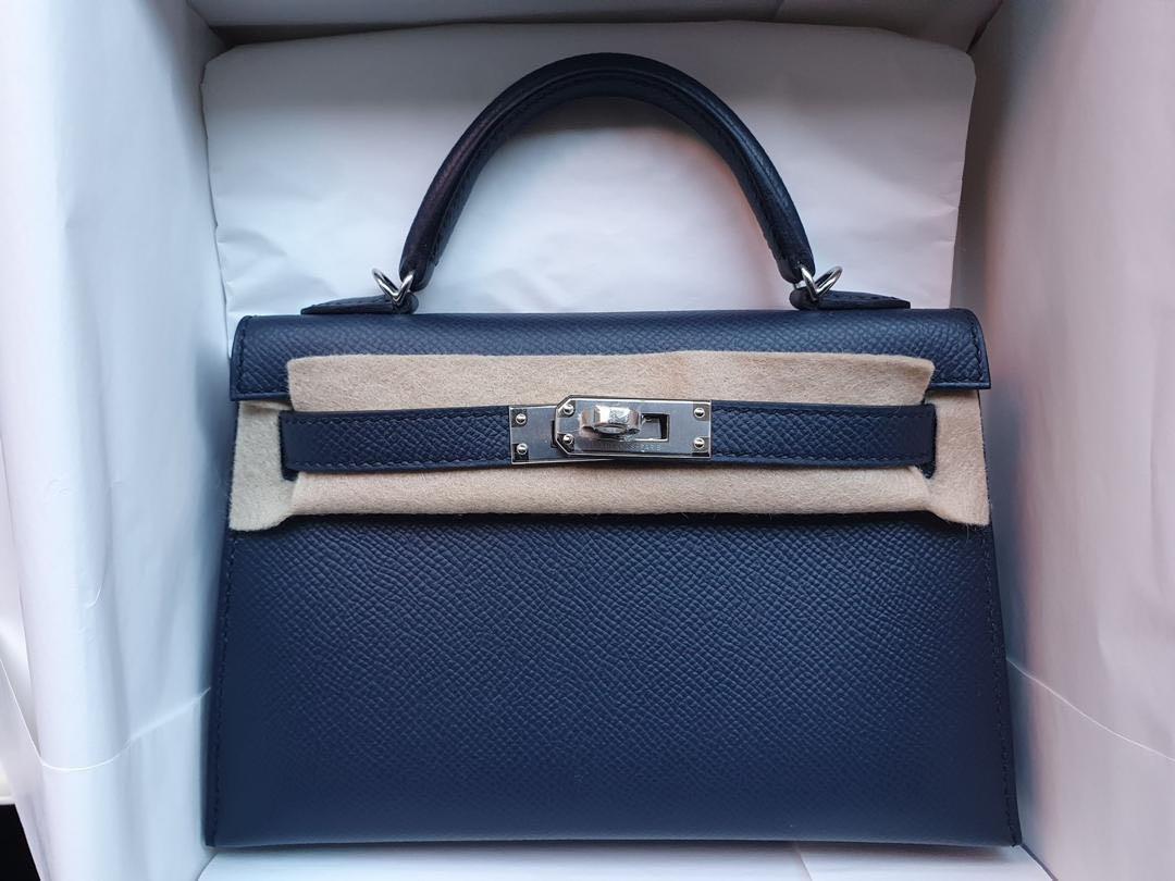 Preloved Hermes Kelly 20 Tricolor Sesame / Etoupe inside Blue indigo Epsom  with PHW