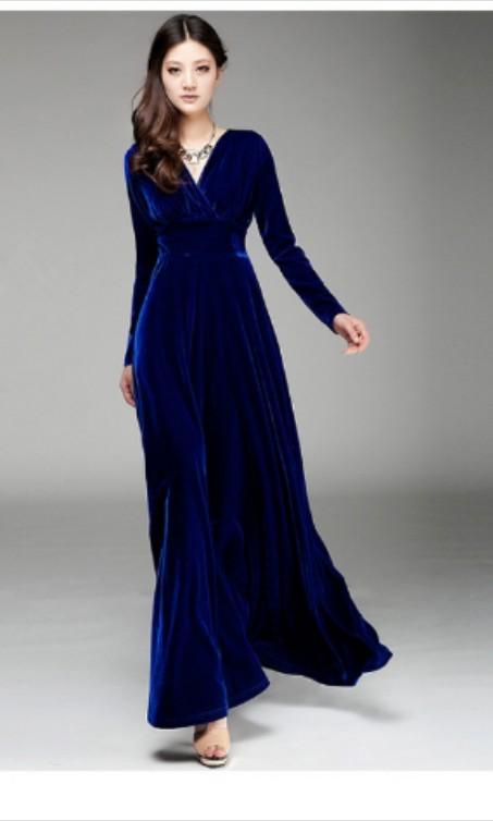 blue long velvet dress
