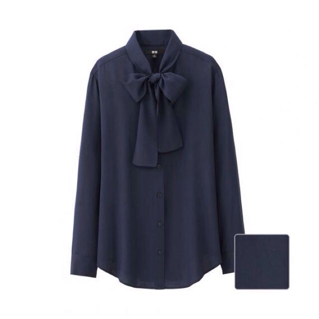 UNIQLO Rayon Bow Tie Long Sleeve Blouse 