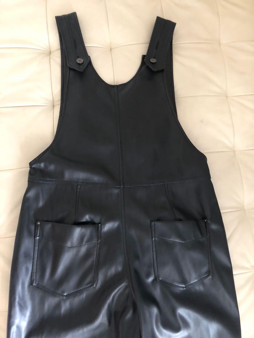Zara Faux Leather Black Dungarees Jumpsuit Women s Fashion