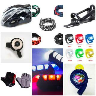 Bike parts apparel and accessories (lights, bell, gloves, mask, water holder, helmet)