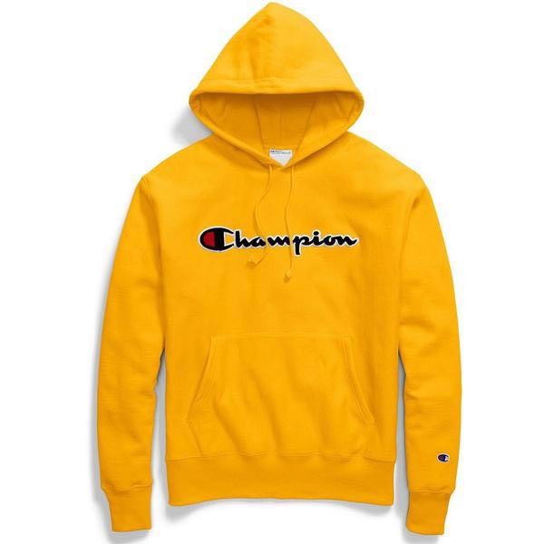 champion reverse weave chain stitch script logo gold mens hoodie