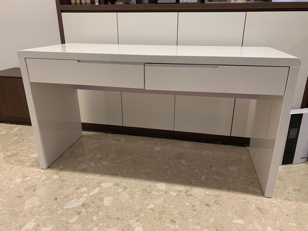 Glossy Piano White Study Table with 2 drawers Furniture Home