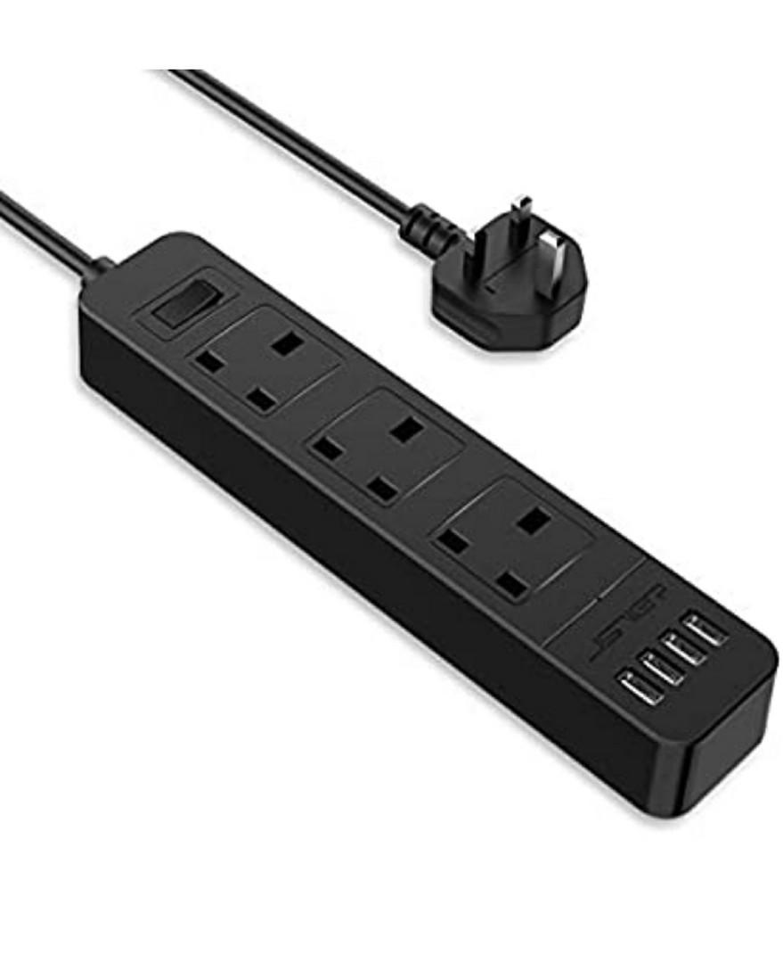 Jsver Extension Lead With 4 Usb Ports Desktop Power Strip Smart Charging Station 3 Outlets Surge Protection For Home Travel Black Electronics Others On Carousell