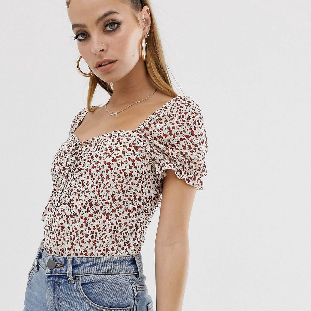 missguided milkmaid mini dress in black ditsy floral Miss Selfridge milkmaid puff sleeve mini dress in dark ditsy floral print