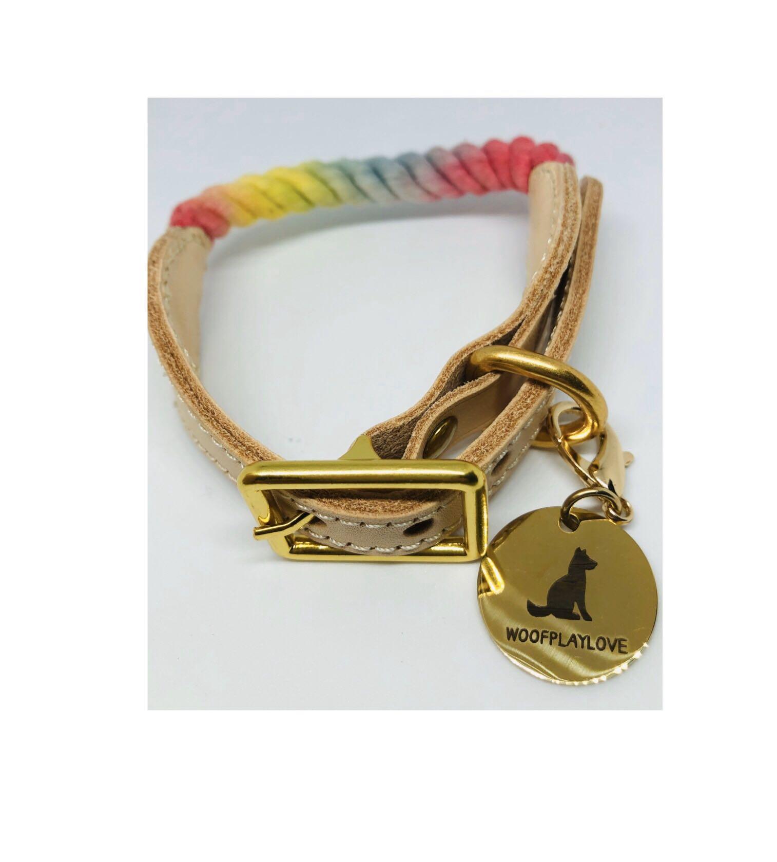 Pet Dog Cat Cotton Rope Genuine Leather Collar Leash Colourful