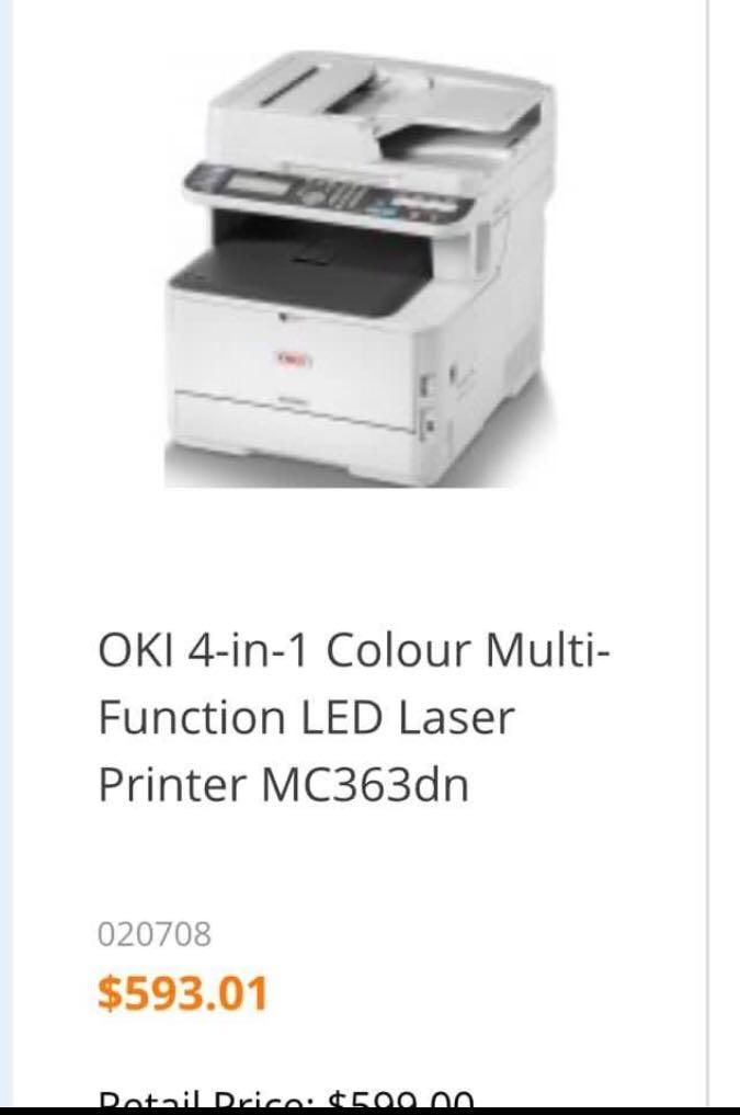 Printer (Category: Printers, Scanners & Copiers) located in Singapore. Submitted by eric4226 (Listing ID 1002997751, Image 1). Description: OKI Colour Laser MFP Print/Scan/Copy/Fax Automatic Double Sided Printing Up to 600 x 600 dpi Print USB & Network As Fast as 9 Seconds First page Up to 26ppm Colour Print Up to 30ppm Mono Print PostScript 3 emulation, PDF v1.7 emulation, PCL 5c emulation, PCL 6 (XL) emulation, XPS emulation, Epson FX Emulation
