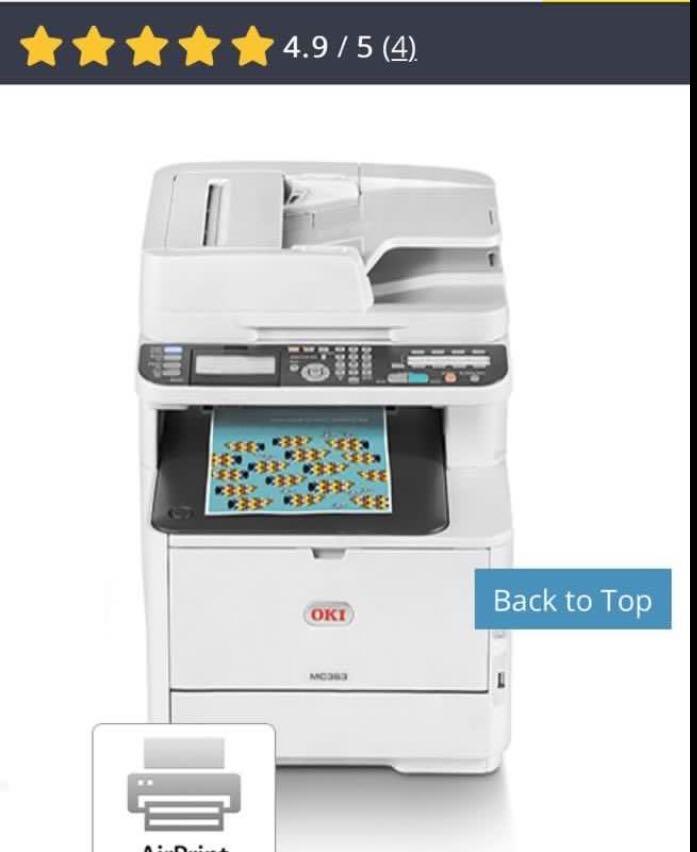 Printer (Category: Printers, Scanners & Copiers) located in Singapore. Submitted by eric4226 (Listing ID 1002997751, Image 2). Description: OKI Colour Laser MFP Print/Scan/Copy/Fax Automatic Double Sided Printing Up to 600 x 600 dpi Print USB & Network As Fast as 9 Seconds First page Up to 26ppm Colour Print Up to 30ppm Mono Print PostScript 3 emulation, PDF v1.7 emulation, PCL 5c emulation, PCL 6 (XL) emulation, XPS emulation, Epson FX Emulation