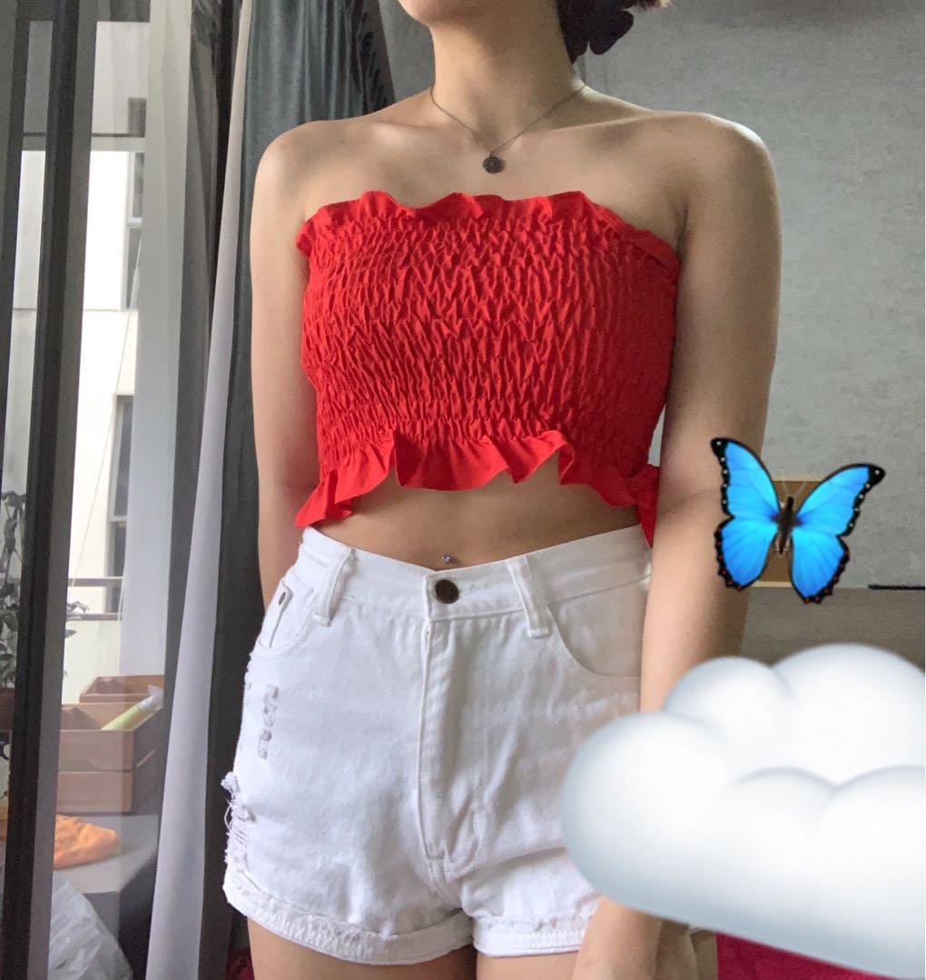 red ruffle tube top