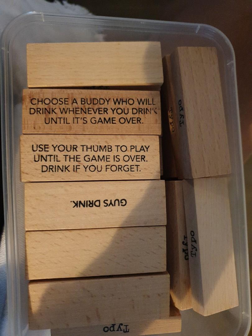 Typo Drinking Jenga Game, Hobbies & Toys, Toys & Games on Carousell
