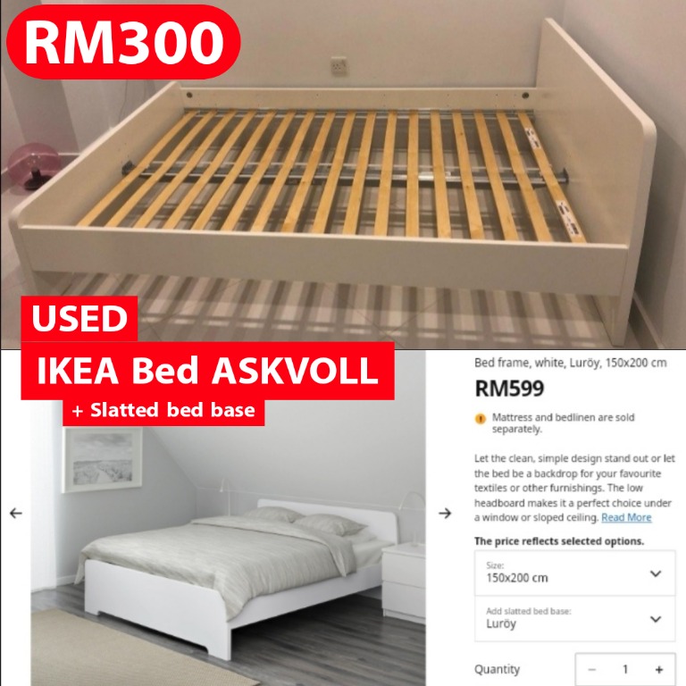 Used Ikea ASKVOLL Lur y Bed frame white 150x200cm Furniture