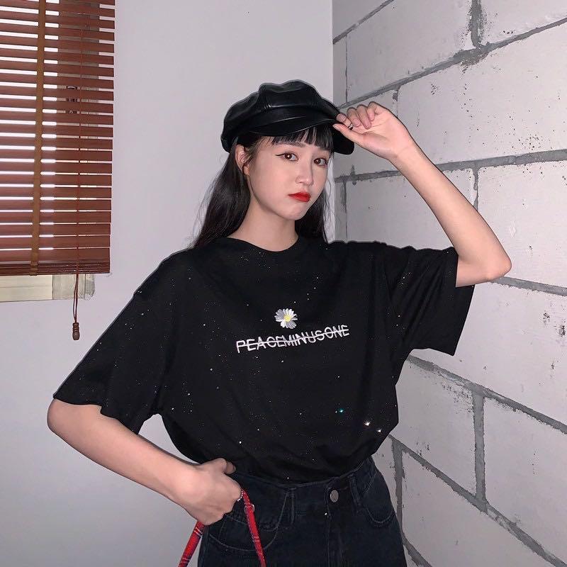 927 black white peaceminusone sunflower daisy oversized glitter tee shirt bf boyfriend tshirt top ulzzang korean vintage retro