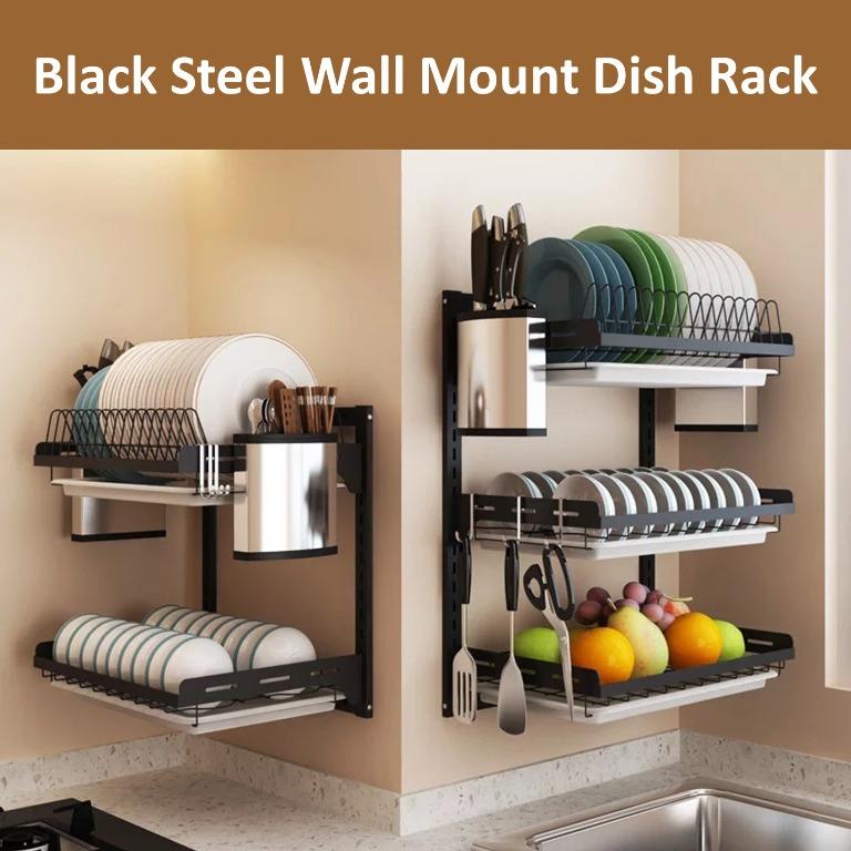 Black Kitchen Rack / Black Dish Rack / Black Wall Mount Dish Rack, Furniture & Home Living ...