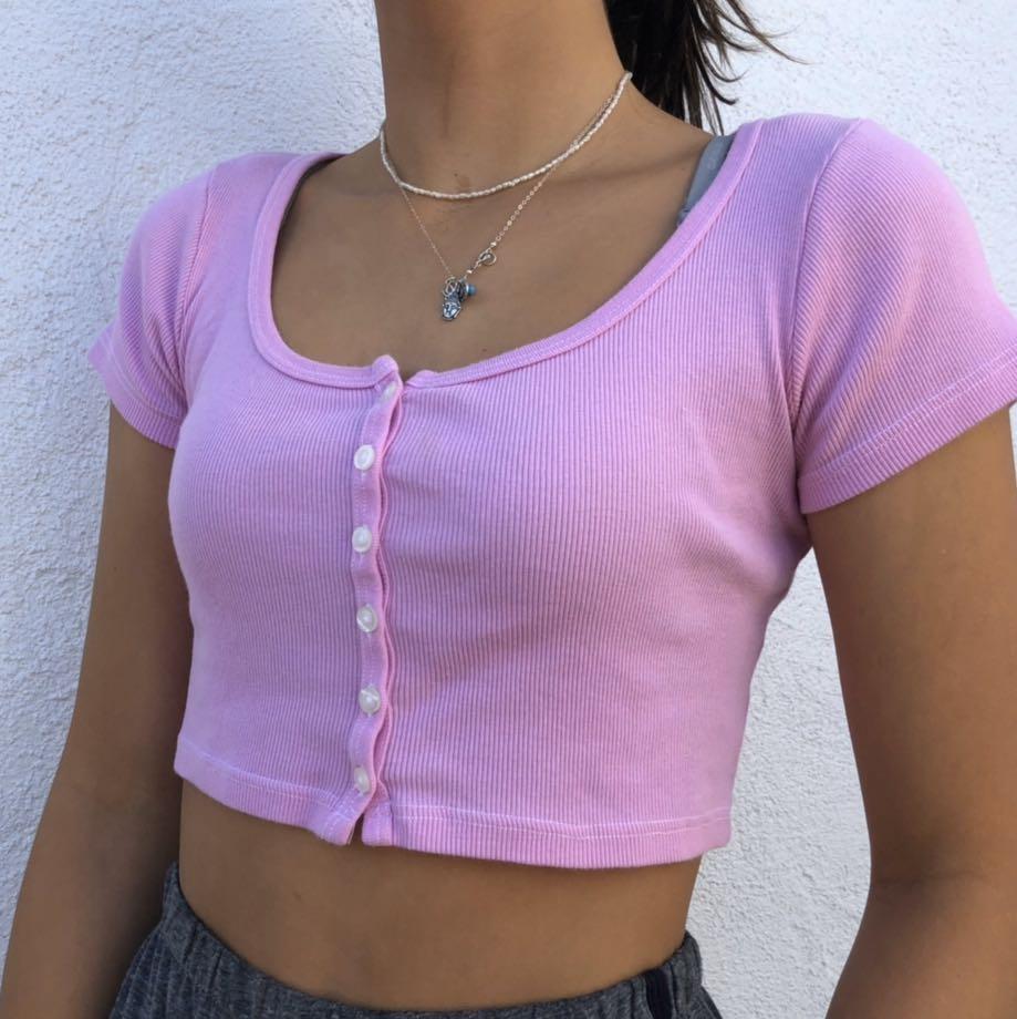 brandy melville bubblegum pink zelly crop top, Women's Fashion, Tops, Other  Tops on Carousell