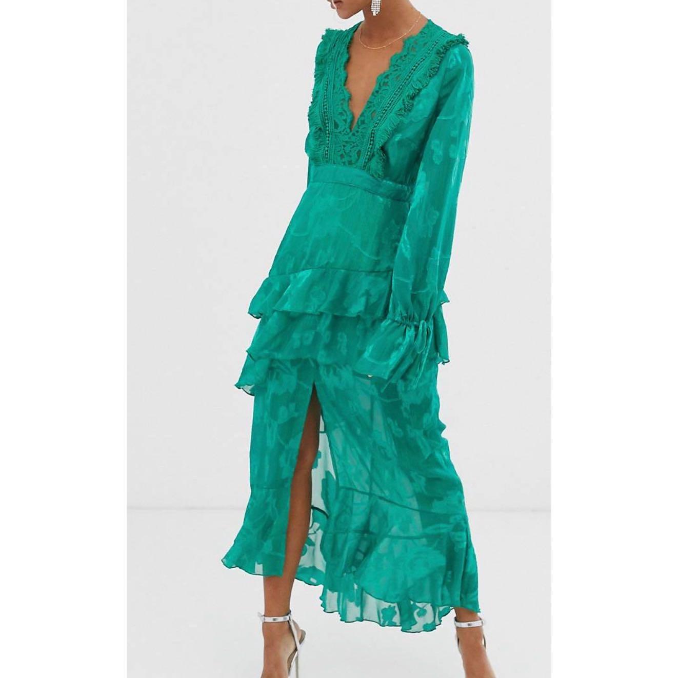 Dark pink plunge front midi dress with frill detail in green clearance