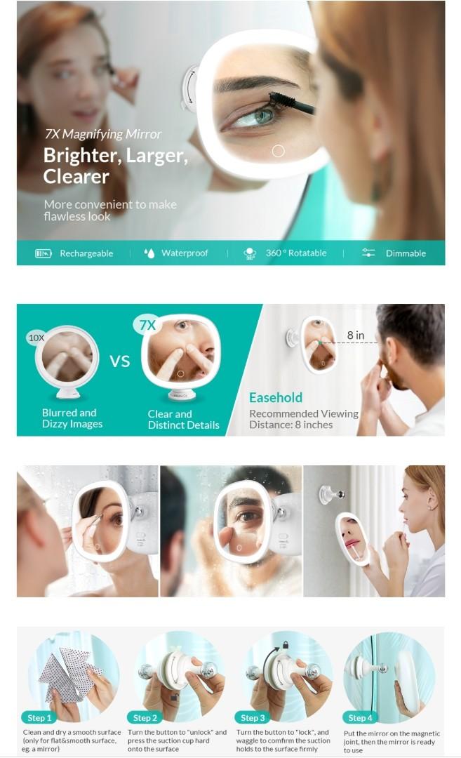 EASEHOLD Lighted Makeup Mirror, Rechargeable 7X Magnifying Vanity