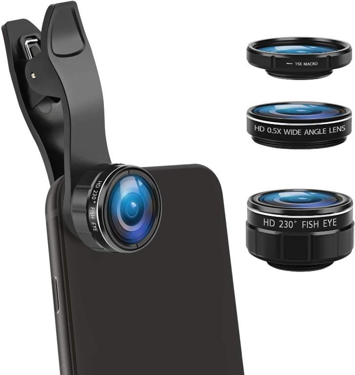G033 Phone Camera Lens kit ARORY 3 in 1 Cell Phone Lens with 230°Fisheye Lens+15x Macro Lens+0