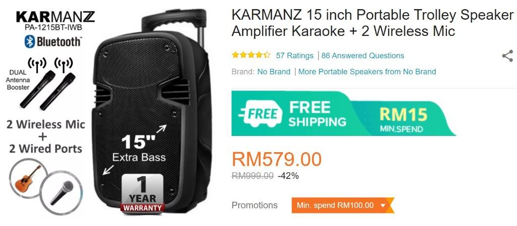 KARMANZ 15 inch Portable Trolley Speaker Amplifier Karaoke 2 Wireless Mic