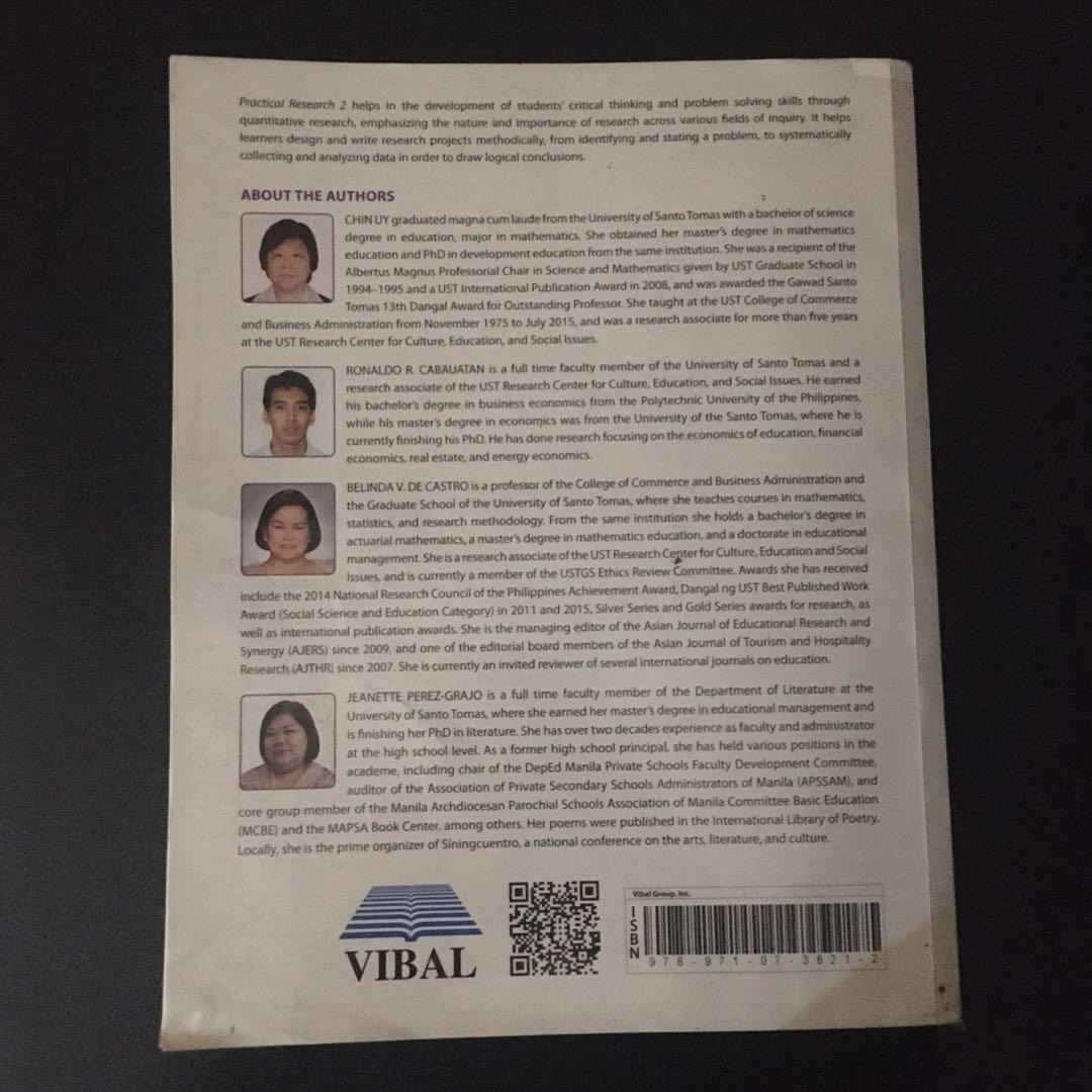 Practical Research 2 by Uy, Cabauatan, De Castro, and Perez-Grajo (Category: Textbooks) located in Quezon City. Submitted by marie_624 (Listing ID 1011758629, Image 2). Description: Additional Information Book: Practical Research 2 Author: Chin Uy, Ronaldo R. Cabauatan, Belinda V. De Castro, and Jeanette Perez-Grajo Distributed by: Vibal Group, Inc. (2016) Send a message * to set a convenient delivery and mode of payment * to see more pictures an