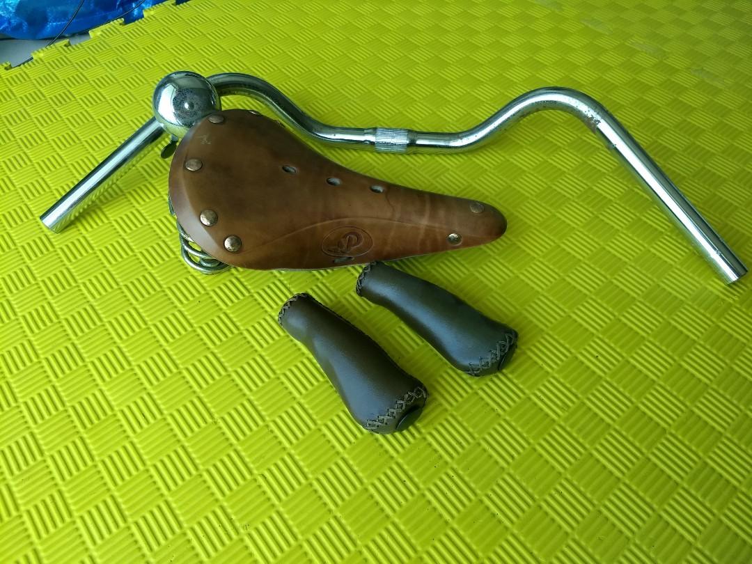 Retro bike parts leather seat leather grips and handlebar Sports Equipment Bicycles Parts Bicycles on Carousell