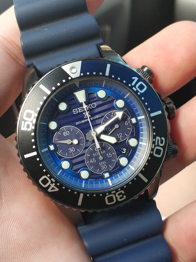 Seiko Save The Ocean Dark Solar Chronograph Blue Dial 200M Divers Watch ...