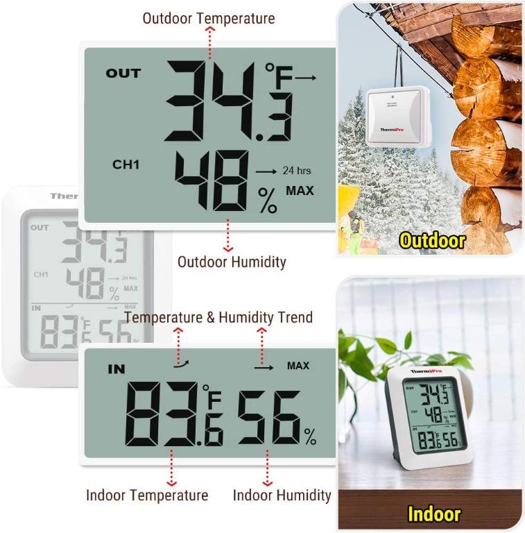 ThermoPro TP60 Wireless Thermometer Indoor Outdoor Digital Thermometer  Temperature Humidity Monitor Meter 200ft / 60m Range 