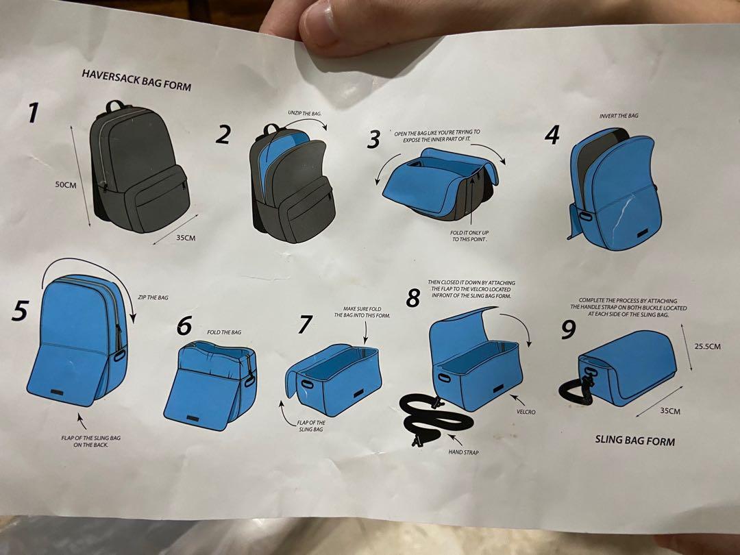 Transformable backpack (Category: Backpacks) located in Singapore. Submitted by pineabbleee (Listing ID 1011803479, Image 5). Description: COMPLETELY BRAND NEW - lightweight - can be transformed into a sling bag (see instructions) - sizeable and good for travelling .