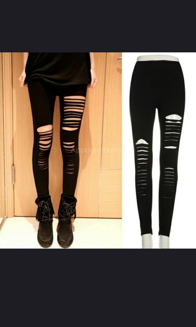 Women slim ripped black leggings, Women 