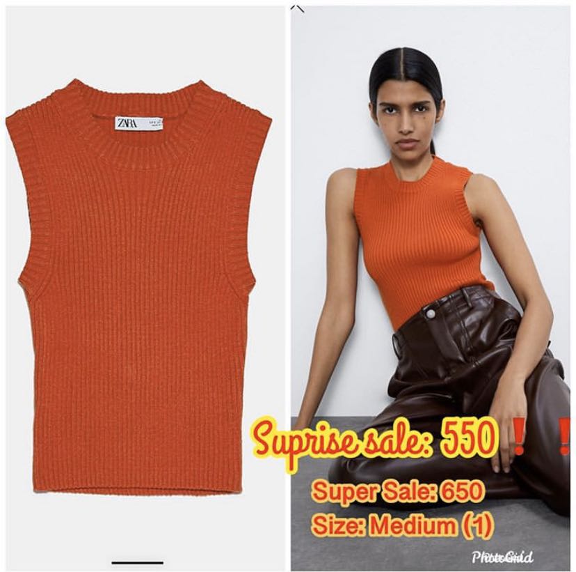 Zara Ribbed knit top orange, Women's Fashion, Tops, Sleeveless on