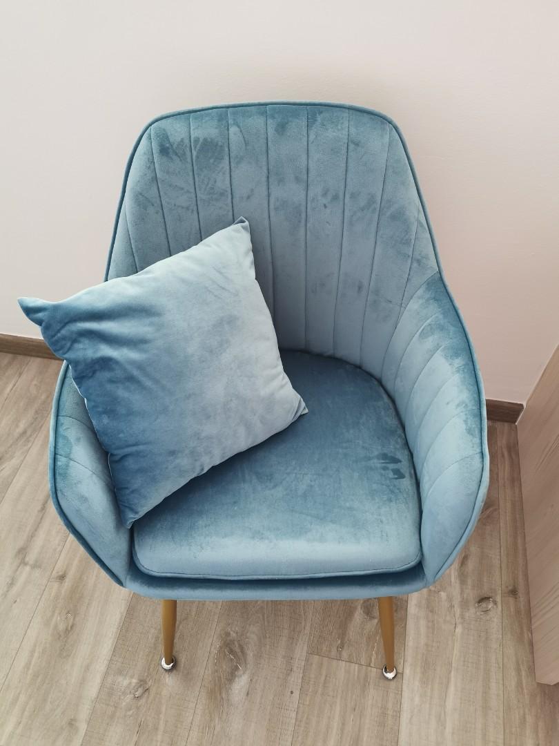 Nordic Blue Velvet Desk Chair with Gold Legs, Furniture & Home Living