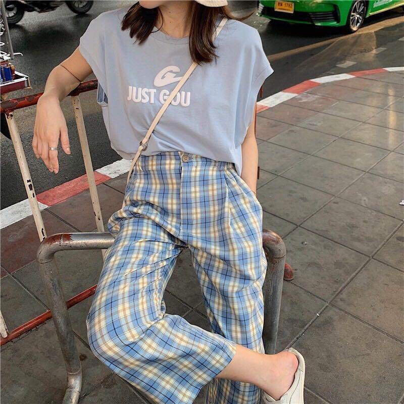 Bnnw Pastel Blue Checkered Pants Korean Design Women S Fashion Bottoms Other Bottoms On Carousell