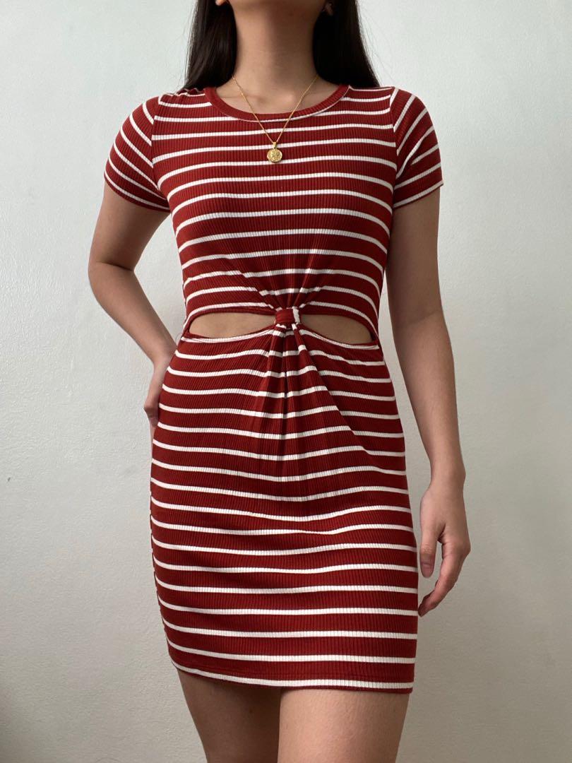 Forever 21 Ribbed Rust Striped Dress with Cutout (Category: Dresses) located in Muntinlupa City. Submitted by threesistahs (Listing ID 1012162890, Image 2). Description: code: NC19 ⠀⠀ forever 21 burnt red-orange striped ribbed dress w/cinched cutout in the middle; body-hugging and flattering to wear; personal favorite 🧡❤️ ⠀⠀ fits xs-s ⠀⠀ w: 22” (stretchable) l: 30” ⠀⠀.