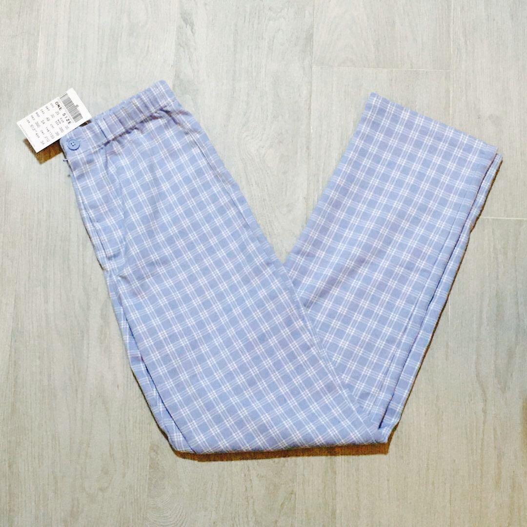 blue and white plaid pants