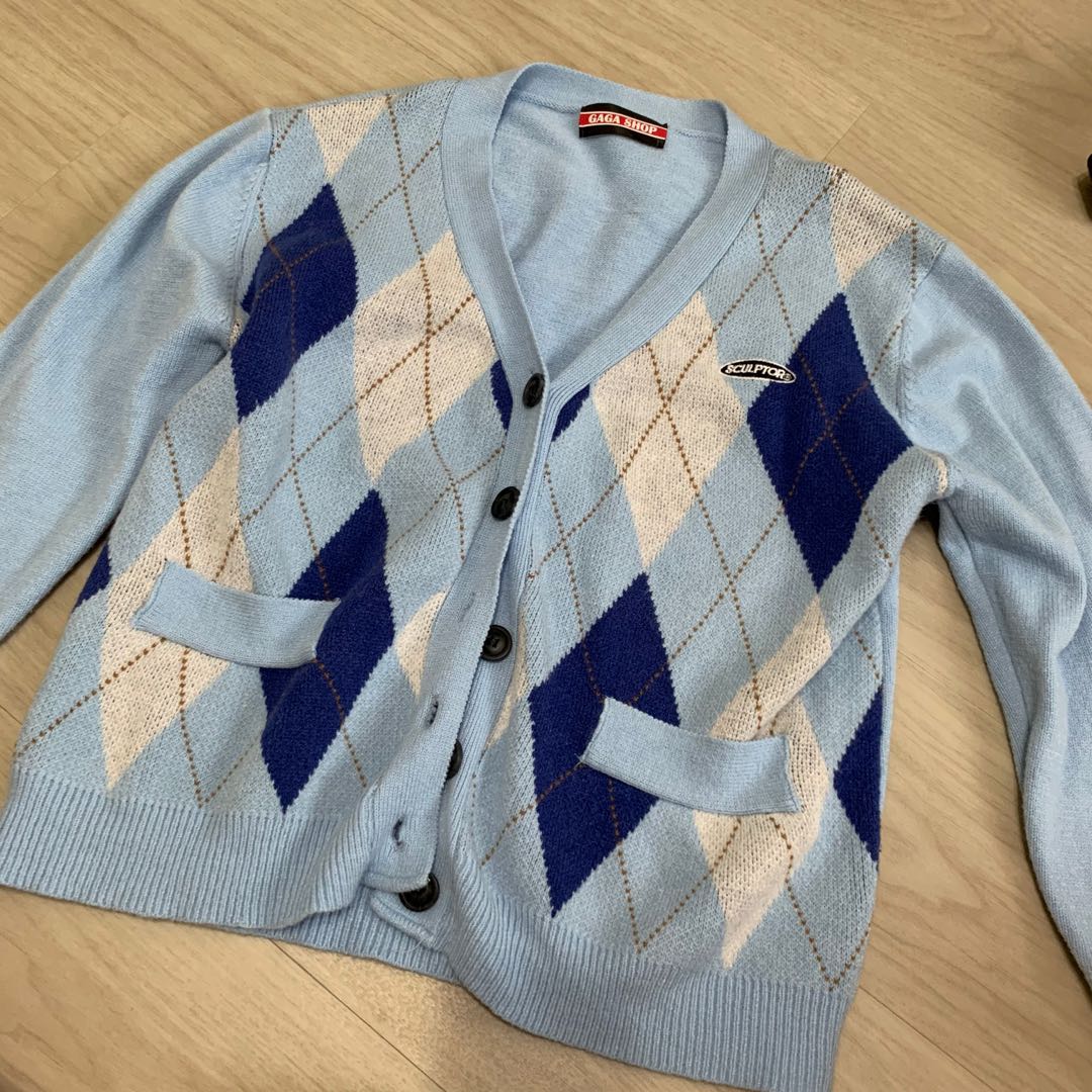 blue checkered cardigan