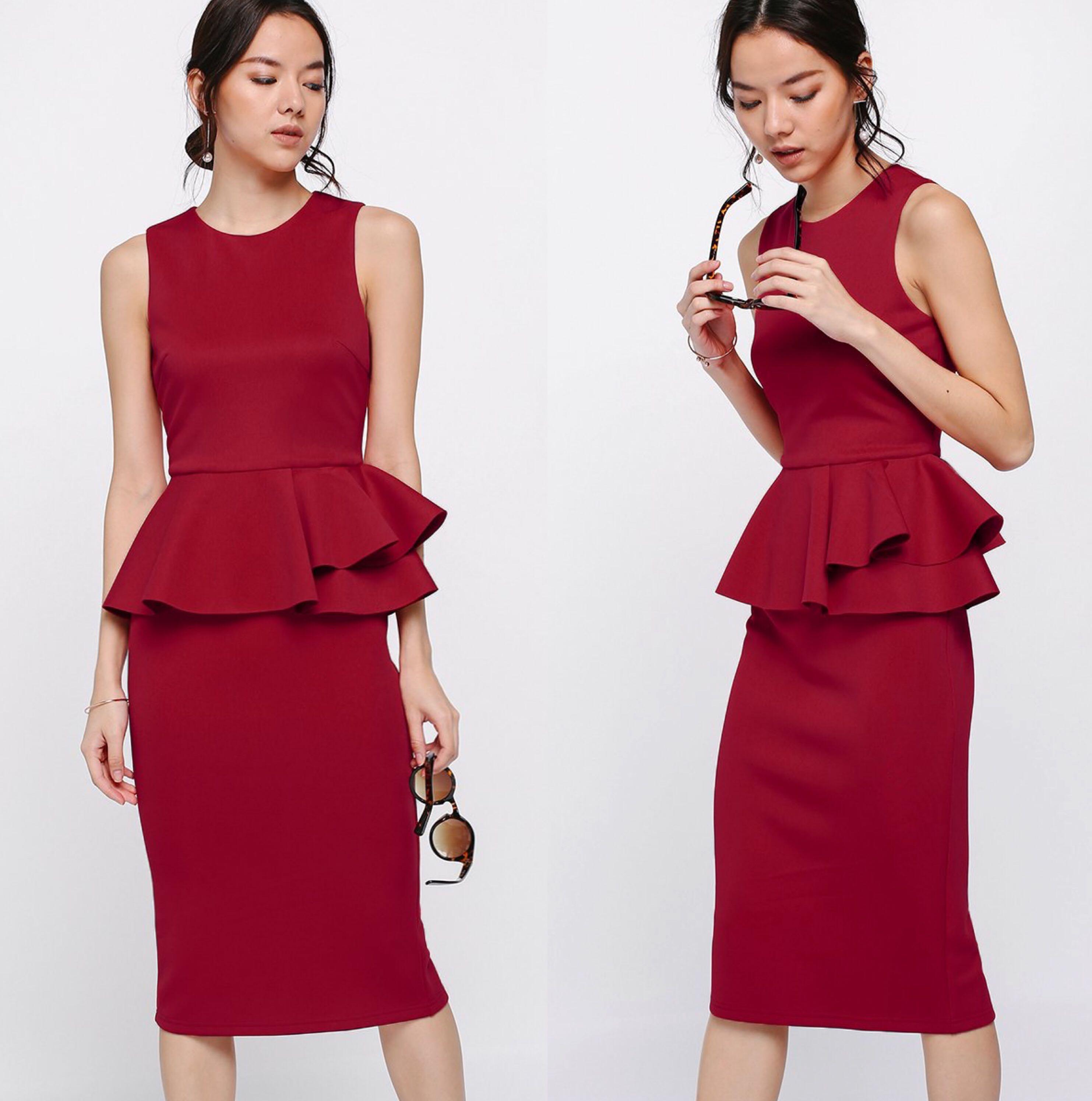 red peplum midi dress
