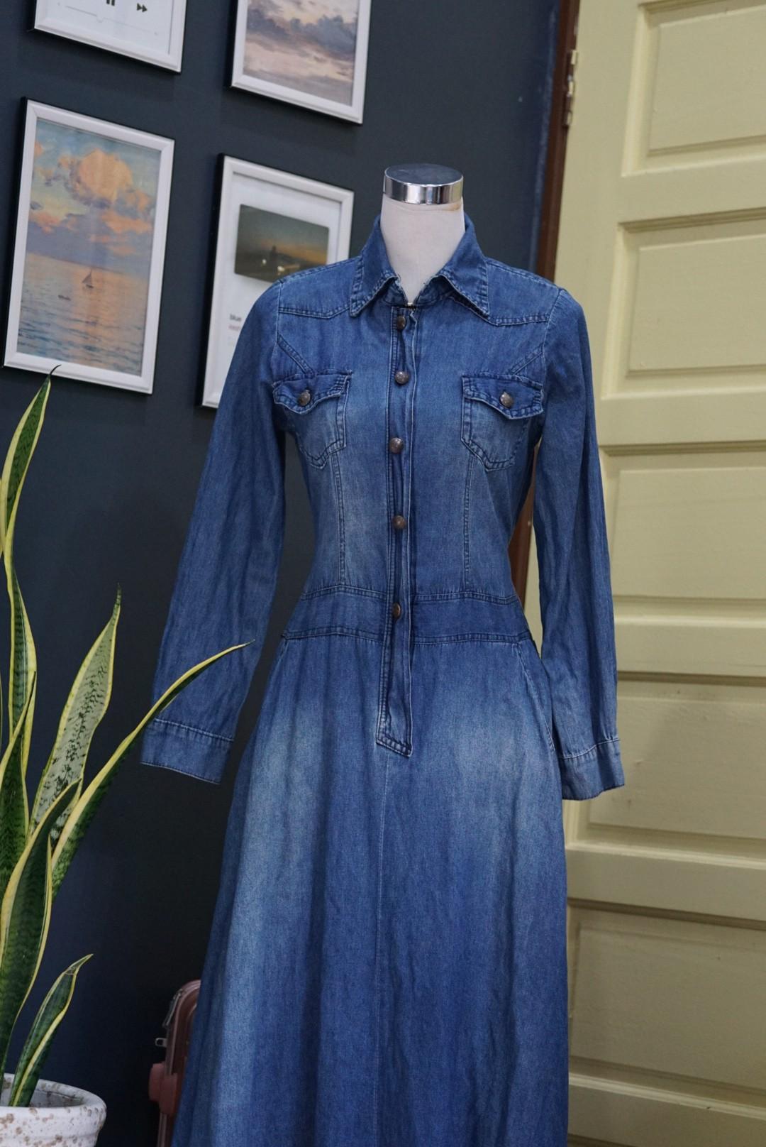 Blue Women Jeans Dress Women Fashion Casual High Street Long Sleeve Denim  A-Line Pleated Dress with Belt Elegant | Wish