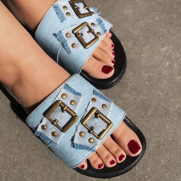 Summer Women S Hot Sale Denim Sandals Flat Button Slippers Casual Wild Sandals Women S Fashion Shoes Flats Sandals On Carousell