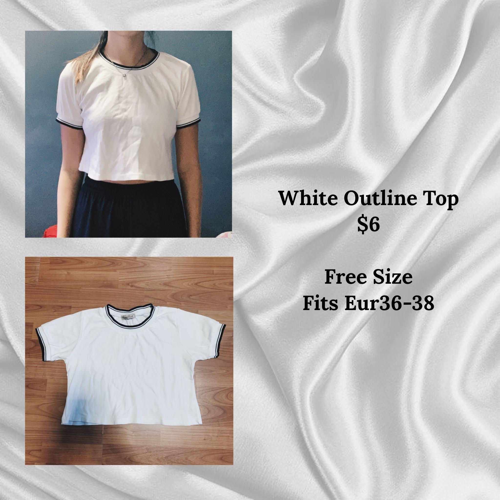white outline crop top (Category: Sleeveless) located in Singapore. Submitted by kimkim.kim (Listing ID 1012186388, Image 1). Description: join t.me/kekeitskim for more cheap sales! free size, fits eur36-38 best +1 for mailing.