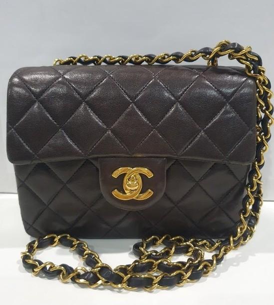Chanel vintage mini square 17cm in dark brown 24k gold (Authentic), Luxury,  Bags & Wallets on Carousell