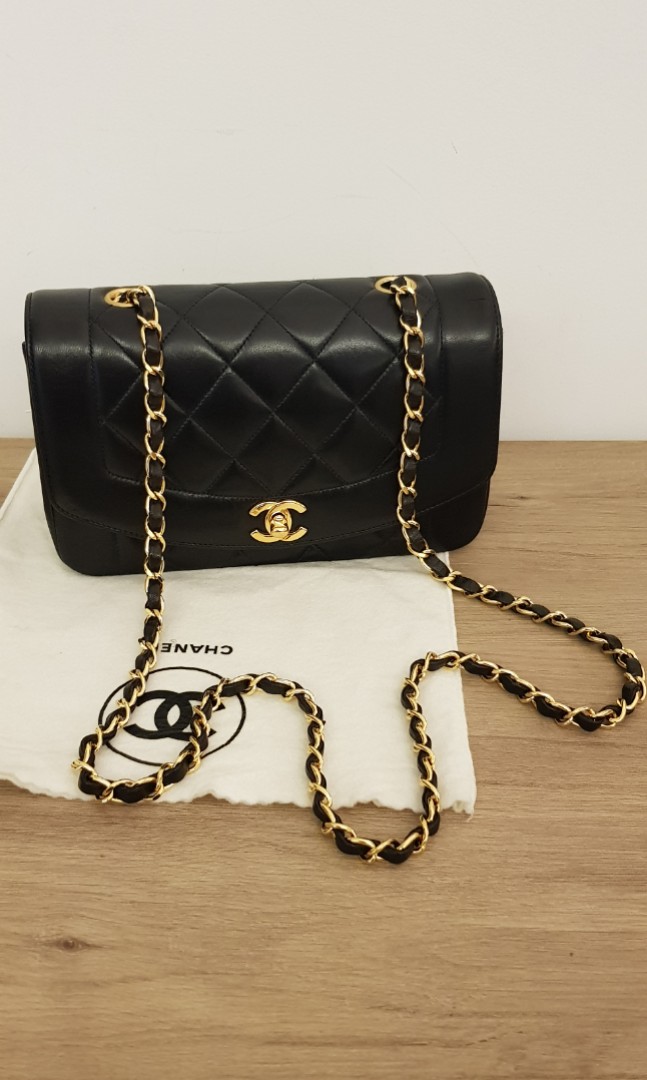 Chanel small Diana vintage black flap bag with 24k gold(Authentic), Women's  Fashion, Bags & Wallets, Cross-body Bags on Carousell