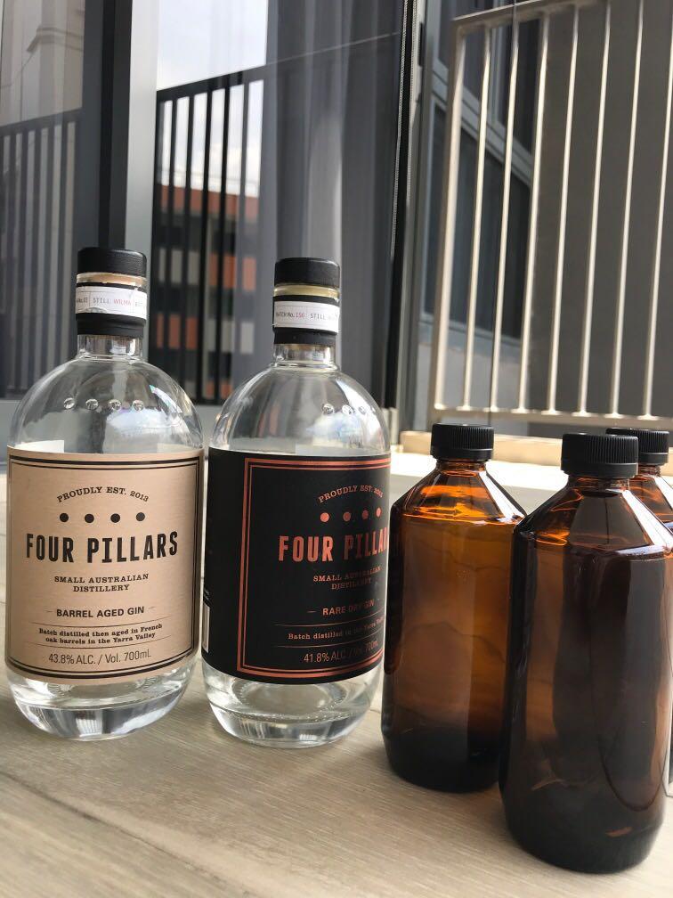 Empty gin bottles and black apothecary bottles, Food & Drinks