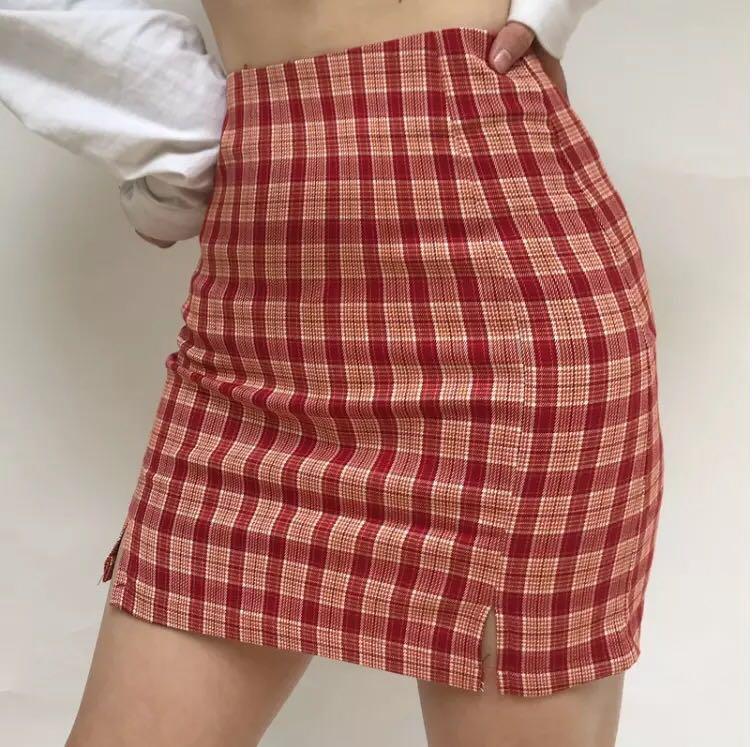 Instocks Red Orange Slit Checkered Skirt Cara Tartan Skirt Plaid Skirt Gingham Skirt Ulzzang Y2k Egirl E Girl Women S Fashion Clothes Dresses Skirts On Carousell