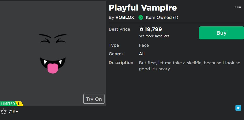 Roblox Limited Playful Vampire Video Gaming Gaming Accessories Game Gift Cards Accounts On Carousell - playful vampire roblox face