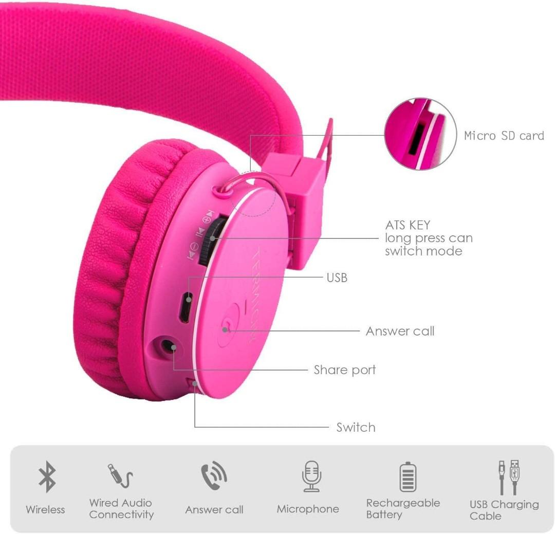 Volume Limited Wireless Bluetooth Kids Headphones Termichy wireless wired Foldable Stereo over Ear headsets with music share port and Built in