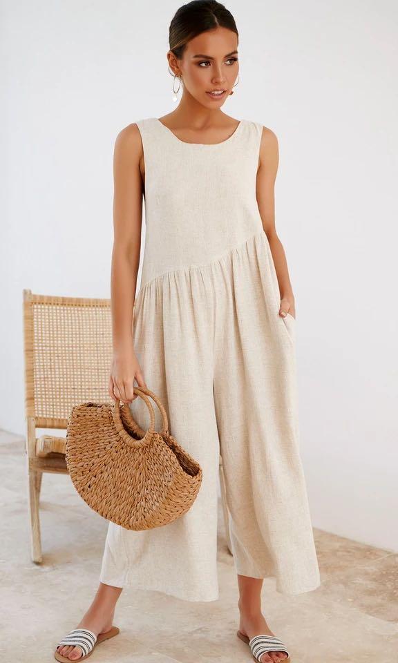 tan linen overalls
