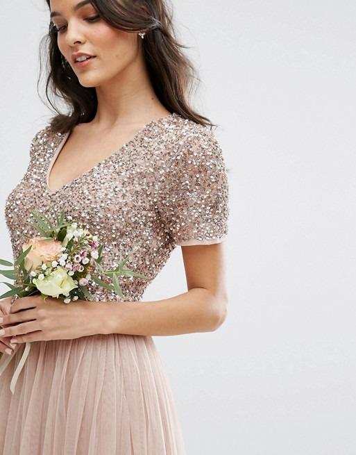 Maya bridesmaid long sleeve maxi tulle dress hot sale with tonal delicate sequins in taupe blush