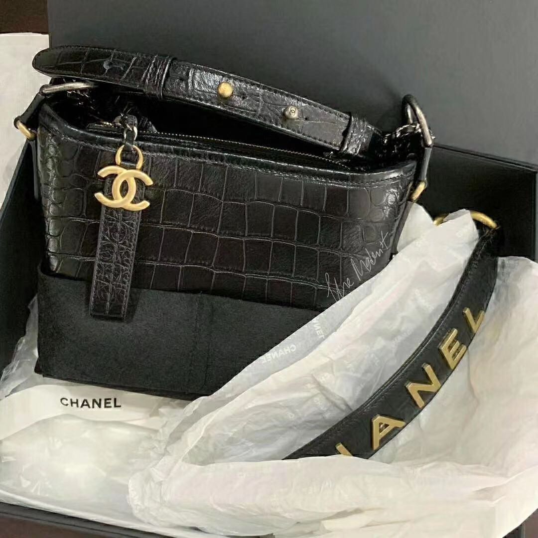 Authentic Chanel Small Gabrielle Hobo Bag Black Croc Embossed