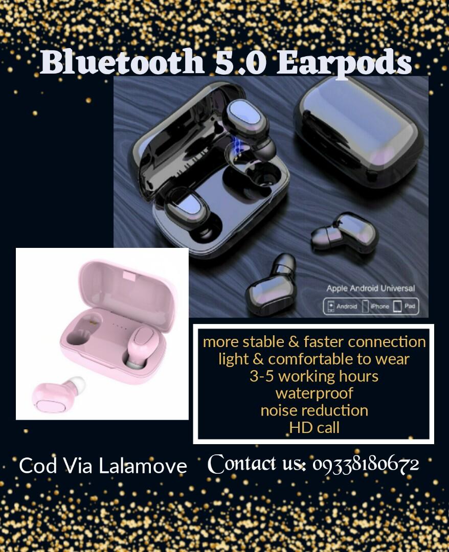 Bluetooth 5.0 Earpods (Category: Earphones) located in Las Pinas. Submitted by modish8 (Listing ID 1017457914, Image 1). Description: Bluetooth 5.0 earphone stable and faster connection compatible with Android, iPhone, laptop & tablet.Waterproof and easy to wear Comes with a pouch. Delivery : Cod via lalamove.