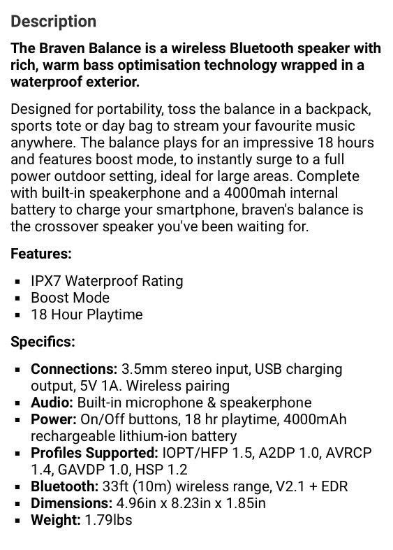 Braven Balance Bluetooth Speaker, Audio, Soundbars, Speakers & Amplifiers  on Carousell